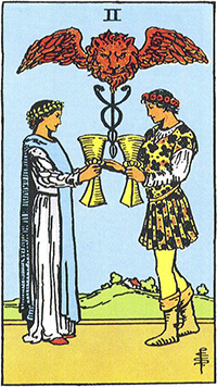 The Two of Cups tarot card: a man and a woman exchanging cups beneath a winged lion's head