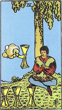 The Four of Cups tarot card: a young man sitting under a tree, ignoring a cup offered from a cloud, three cups before him