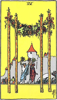The Four of Wands tarot card: four flower-garlanded staffs before a castle, two figures raising bouquets