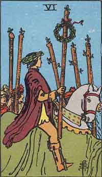 The Six of Wands tarot card: a rider crowned with laurel on a white horse, followers raising staffs