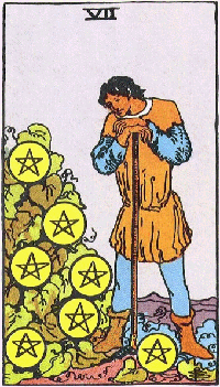 The Seven of Pentacles tarot card: a young man leaning on his hoe, looking at a bush hung with pentacles