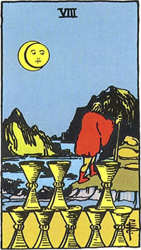 The Eight of Cups tarot card: a cloaked figure walking away from eight stacked cups toward the mountains under a moon