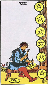 The Eight of Pentacles tarot card: a craftsman at his bench carving pentacles, finished ones hung beside him