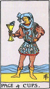The Page of Cups tarot card: a young man by the sea holding a cup with a fish looking out of it
