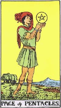 The Page of Pentacles tarot card: a young man in a green field gazing at a pentacle held up in his hands