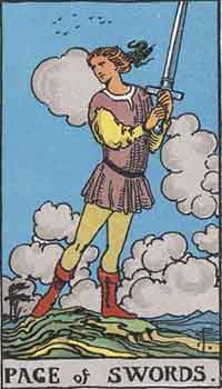 The Page of Swords tarot card: a young man holding a sword aloft on windswept ground under clouds
