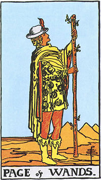 The Page of Wands tarot card: a young man in a feathered hat holding a tall budding staff in the desert