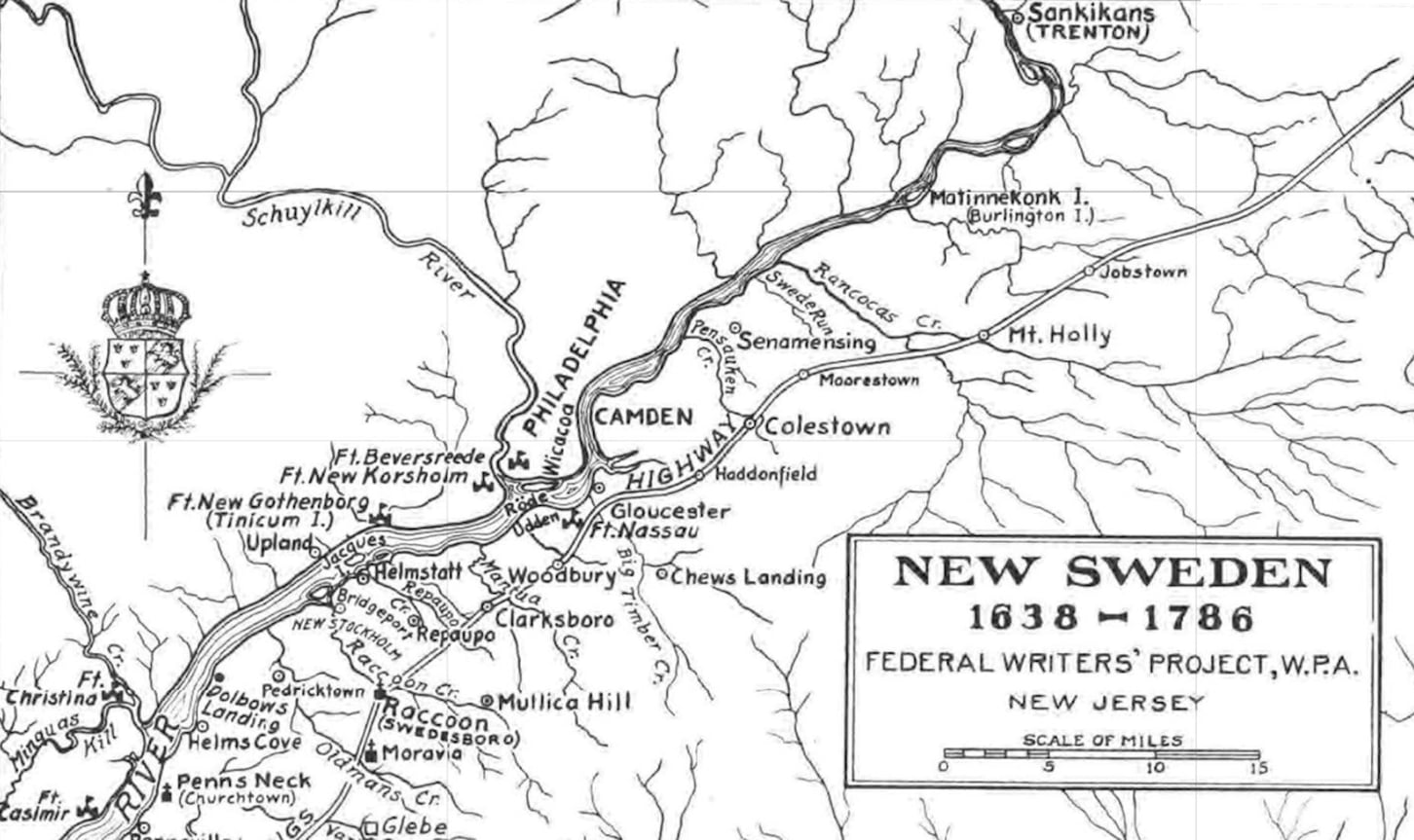 1930s WPA map of the New Sweden colony along the Delaware River, 1638–1786, with Haddonfield at the center