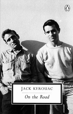 Penguin cover of Jack Kerouac's On the Road, with a black-and-white photo of two young men